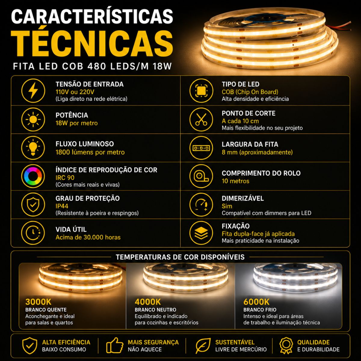 Fita Led Cob 480 Leds Ligação Direta na Rede 127 ou 220v 1800w/m 10mts