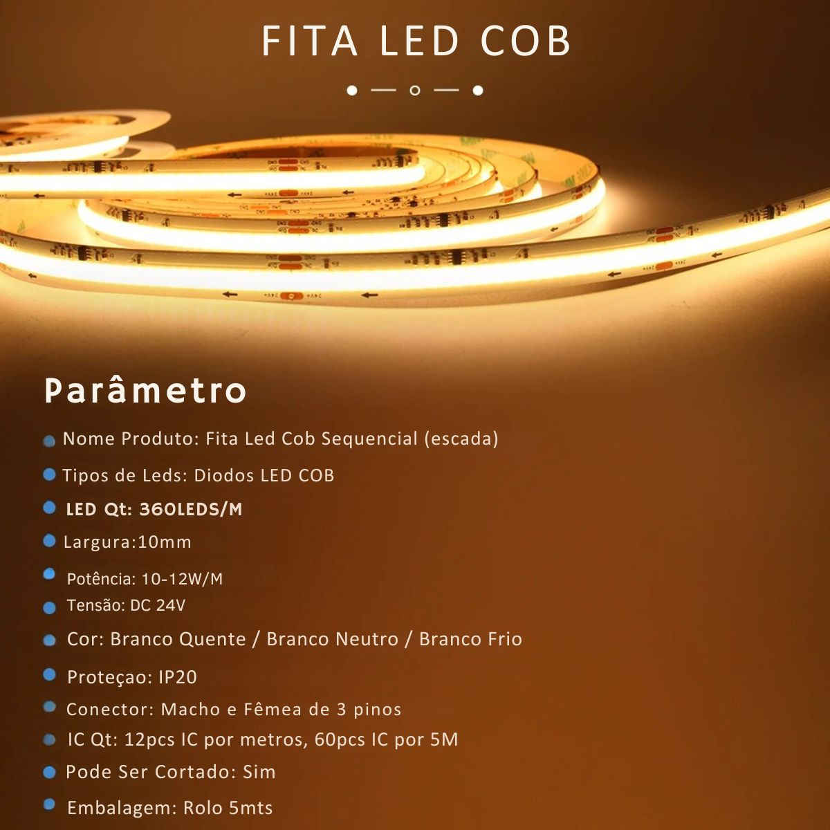 Fita de LED Sequencial COB com Sensor de Movimento para Escadas 24V 400W
