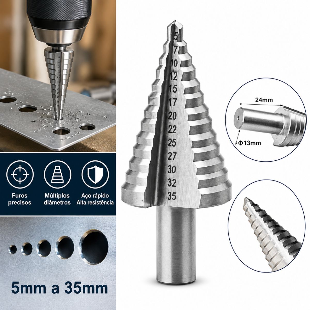 Broca Escalonada HSS 5-35mm em Aço Rápido para Metal, Madeira e Plástico