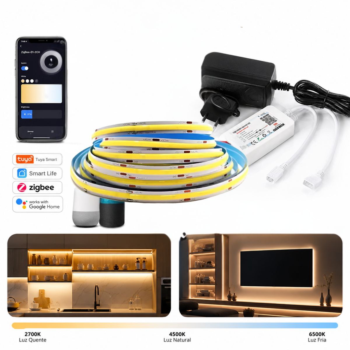 Fita LED COB Inteligente 608 Leds/m 24V Regulável 2700K a 6500K com Controle por App e Voz 5m