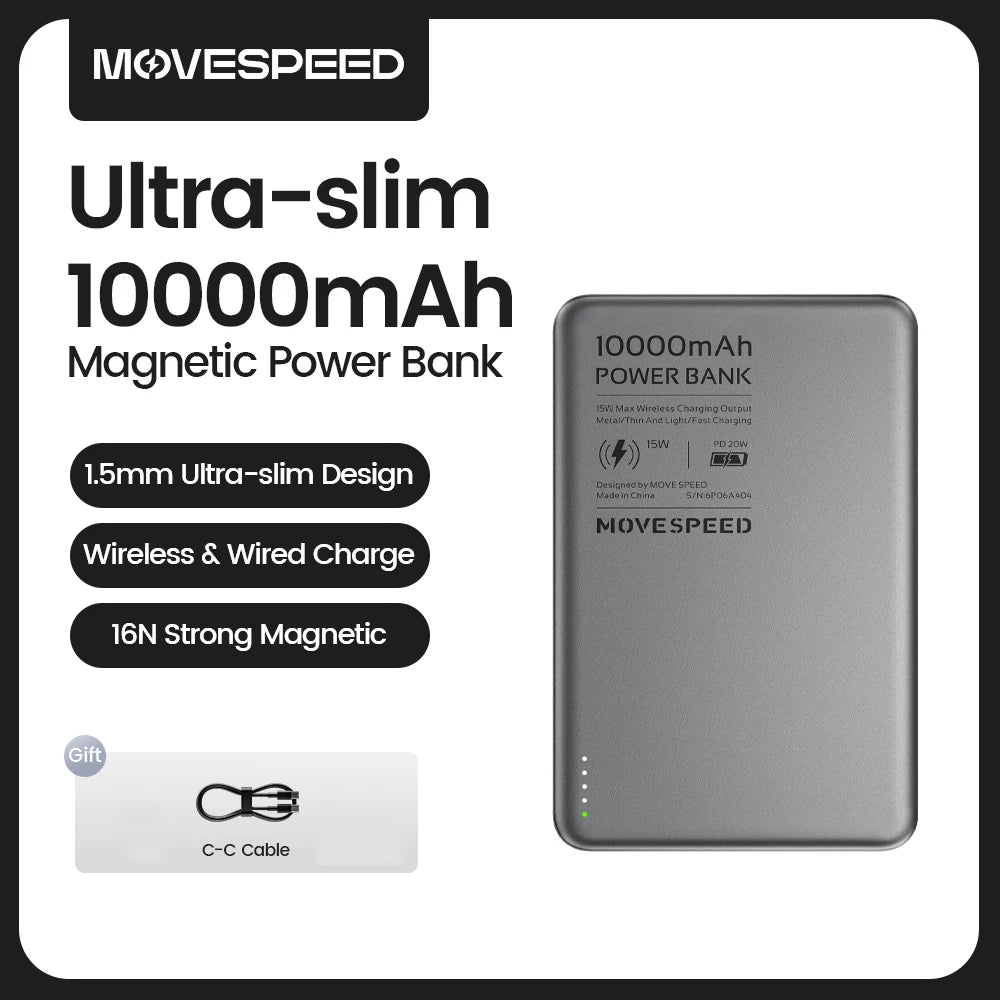 MOVESPEED S10 Slim Magnetic Power Bank 10000mAh PD20W Portable Charger Wireless External Battery for iPhone 16 Samsung Powerbank