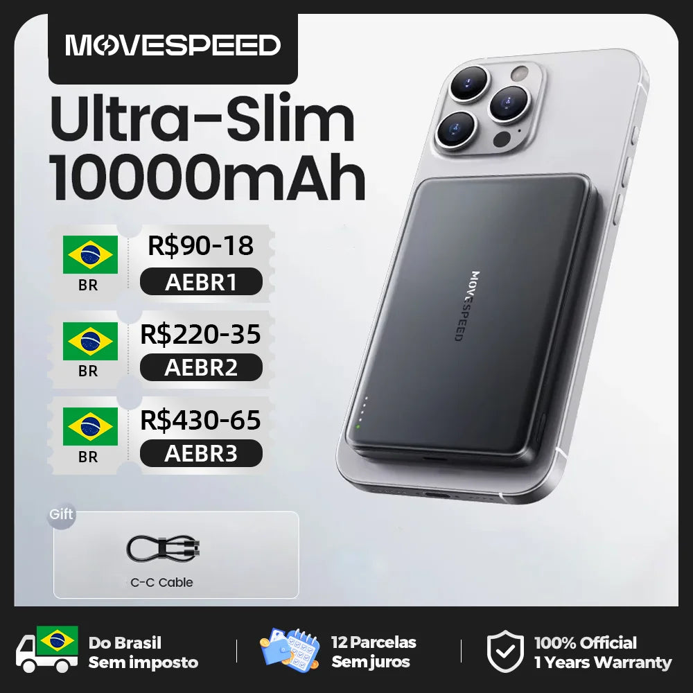 MOVESPEED S10 Slim Magnetic Power Bank 10000mAh PD20W Portable Charger Wireless External Battery for iPhone 16 Samsung Powerbank