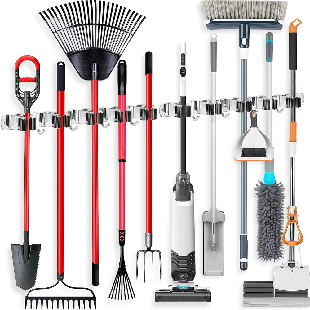 Stainless Steel Wall Mounted Mop And Broom Holder Multi-Functional Storage Rack for Kitchen Bathroom Garage Garden Tools