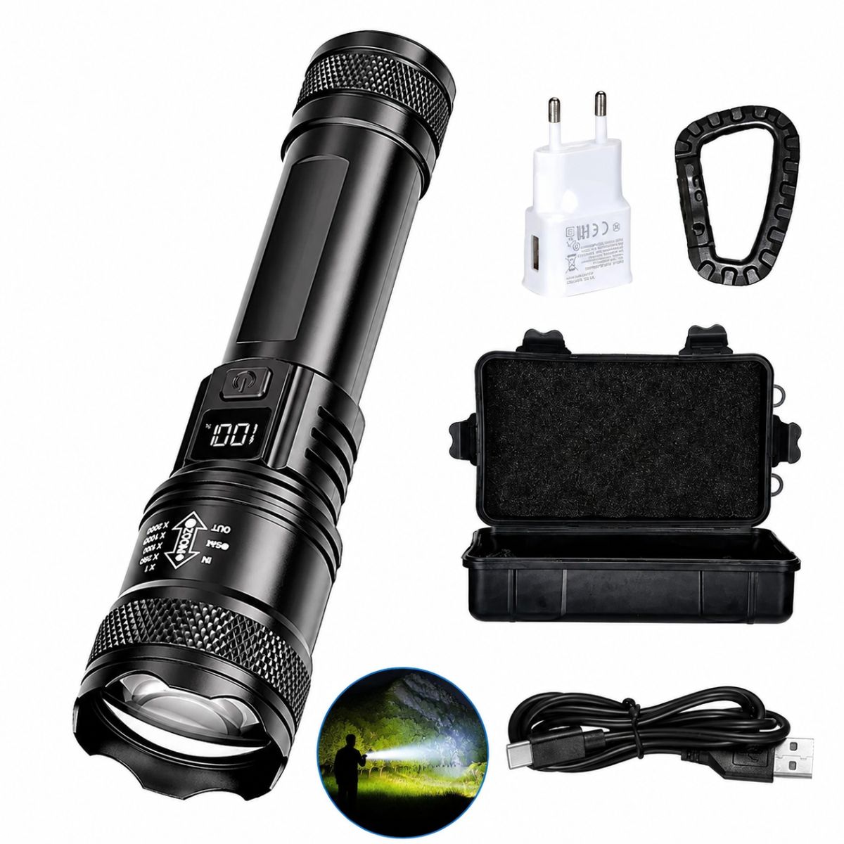 Lanterna Tática LED Recarregável USB com Zoom Ajustável, Display Digital e Alto Alcance