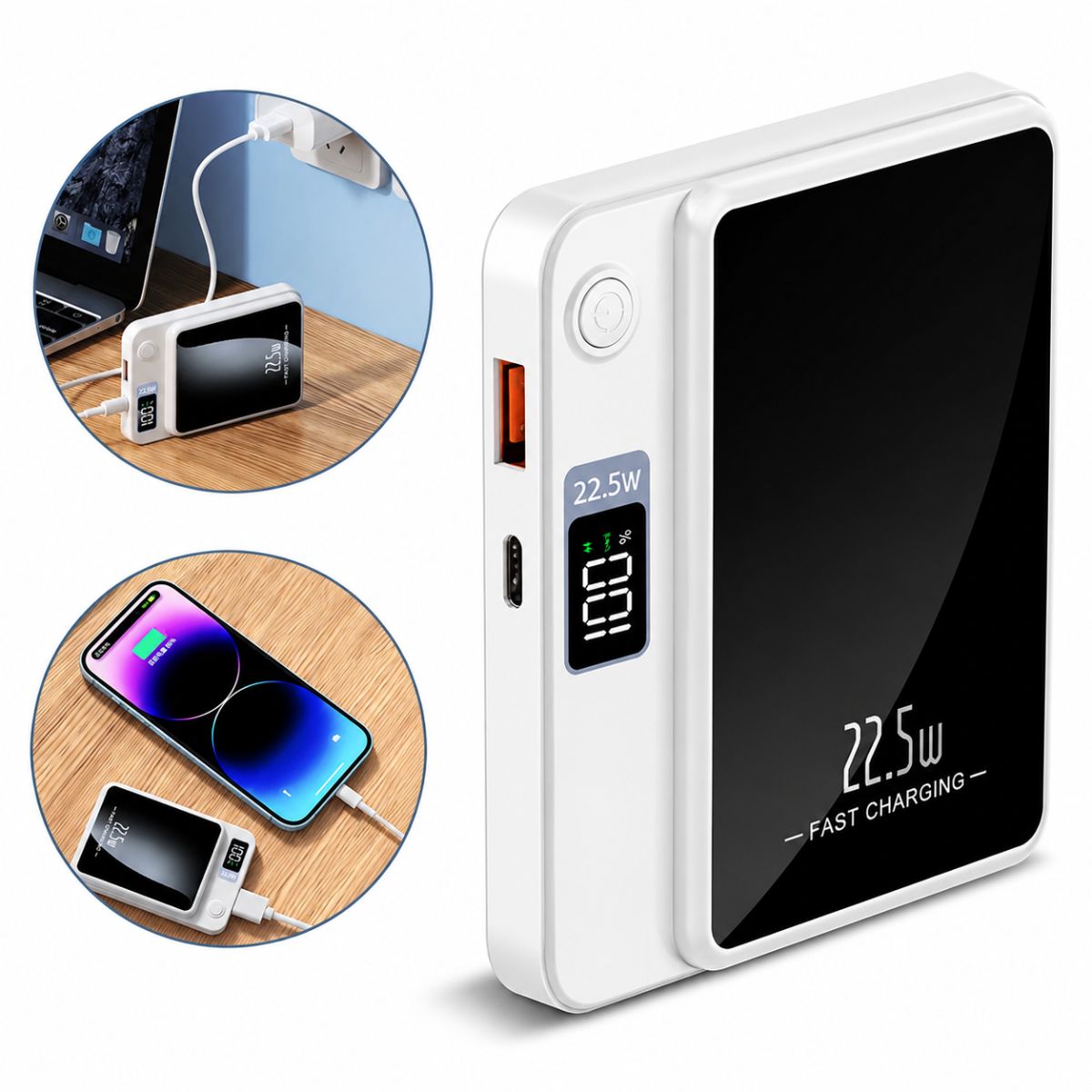 Carregador Portátil Power Bank Magnético 22,5W Carregamento Rápido USB-C com Display Digital