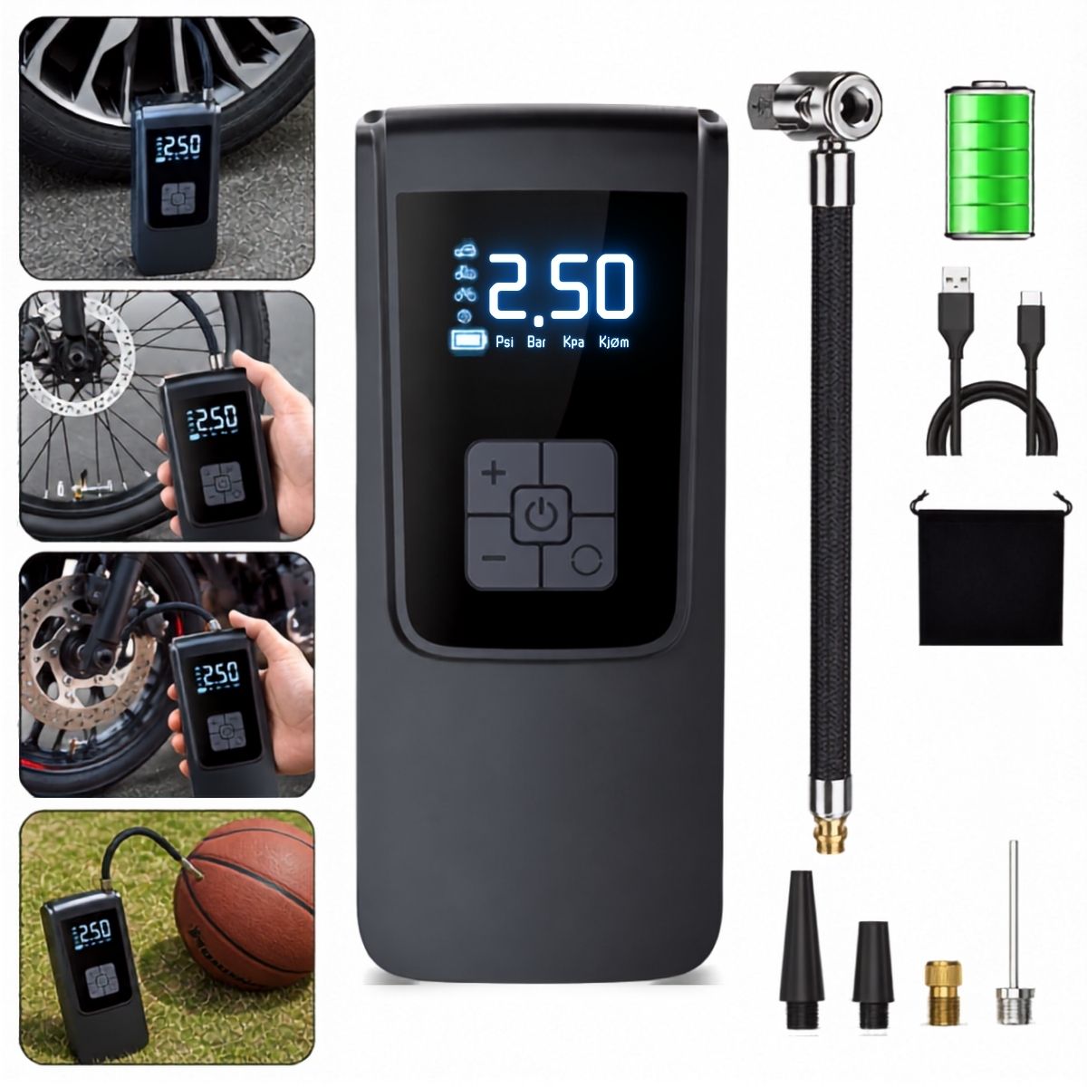 Compressor de Ar Portátil Digital Recarregável sem Fio com Display LCD, Lanterna LED e Desligamento Automático
