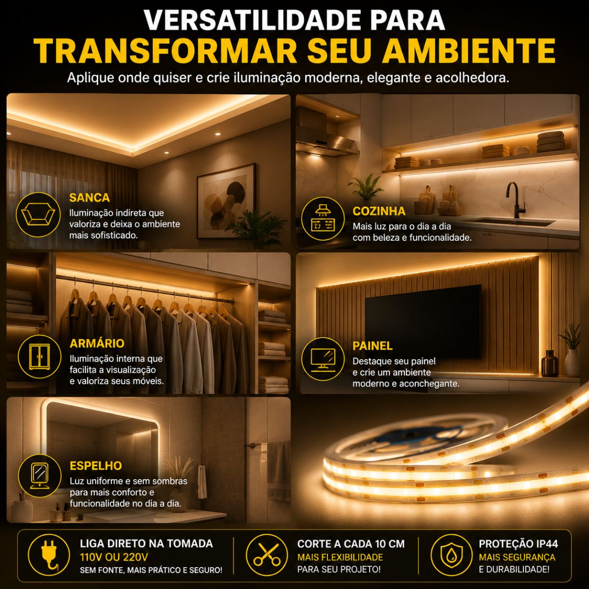 Fita Led Cob 480 Leds Ligação Direta na Rede 127 ou 220v 1800w/m 10mts