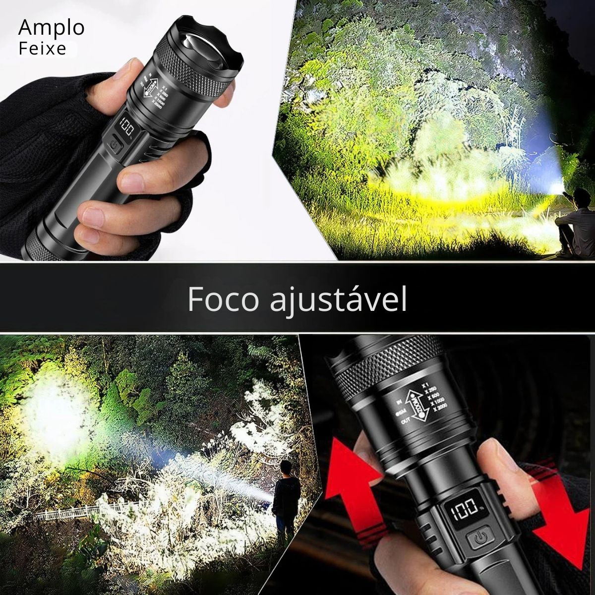 Lanterna Tática LED Recarregável USB com Zoom Ajustável, Display Digital e Alto Alcance