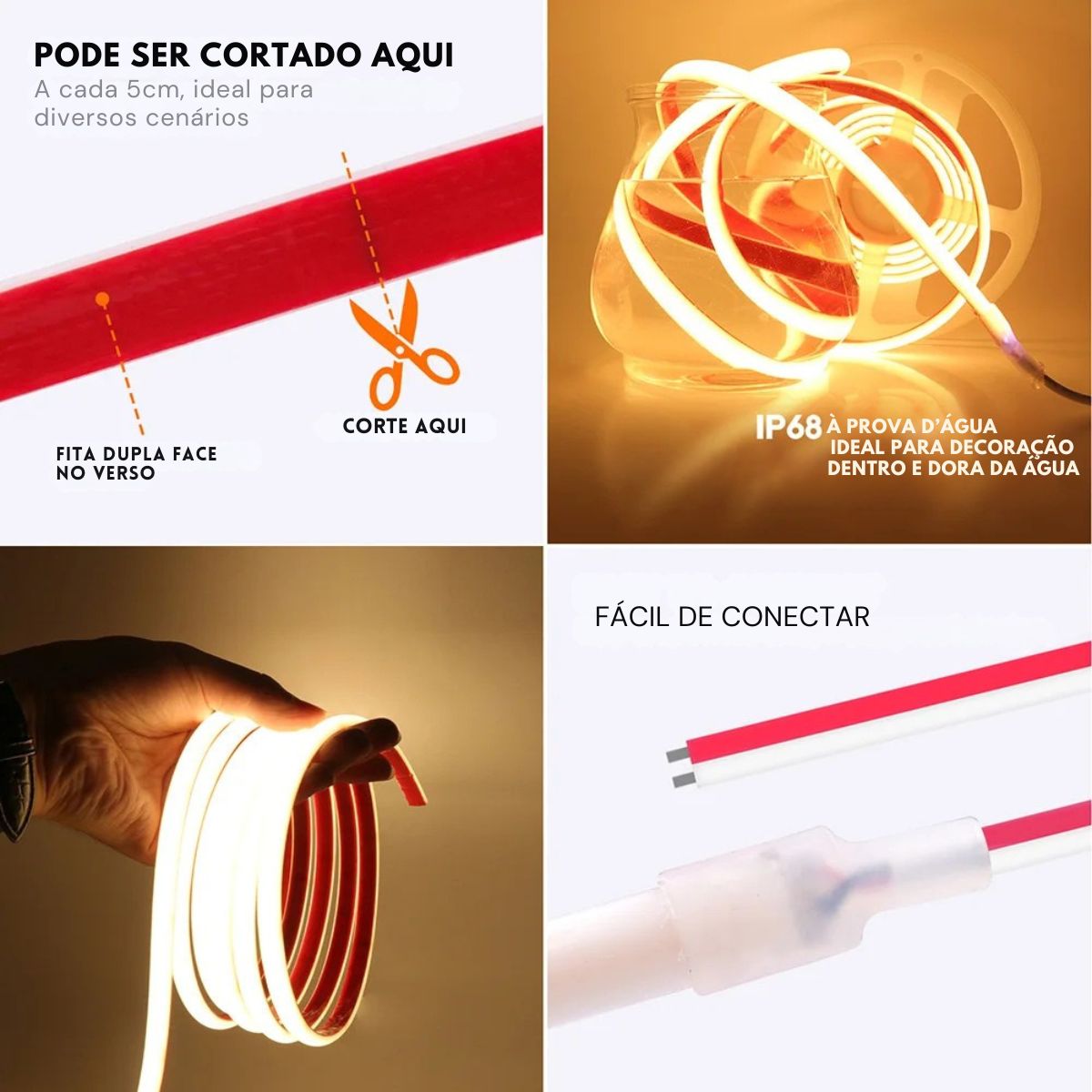 Fita LED COB IP68 24V 320 LEDs/m 12W 1200lm RA90 para Piscinas e Áreas Externas (Colorida)