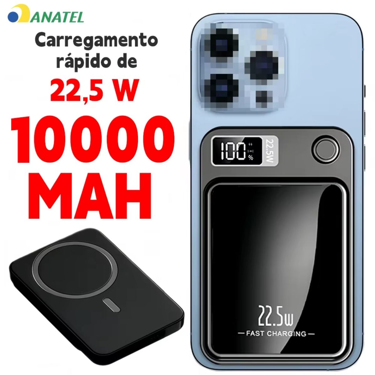 Carregador Portátil Power Bank Magnético 22,5W Carregamento Rápido USB-C com Display Digital