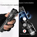 Lanterna Tática LED Recarregável USB com Zoom Ajustável, Display Digital e Alto Alcance