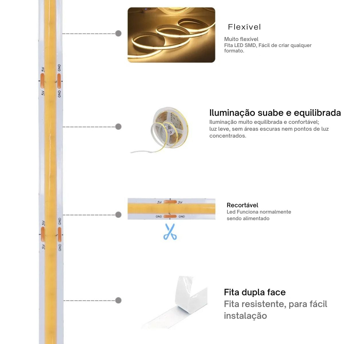 Fita Led Cob 320 Leds/m 5v USB Colorida Inteligente