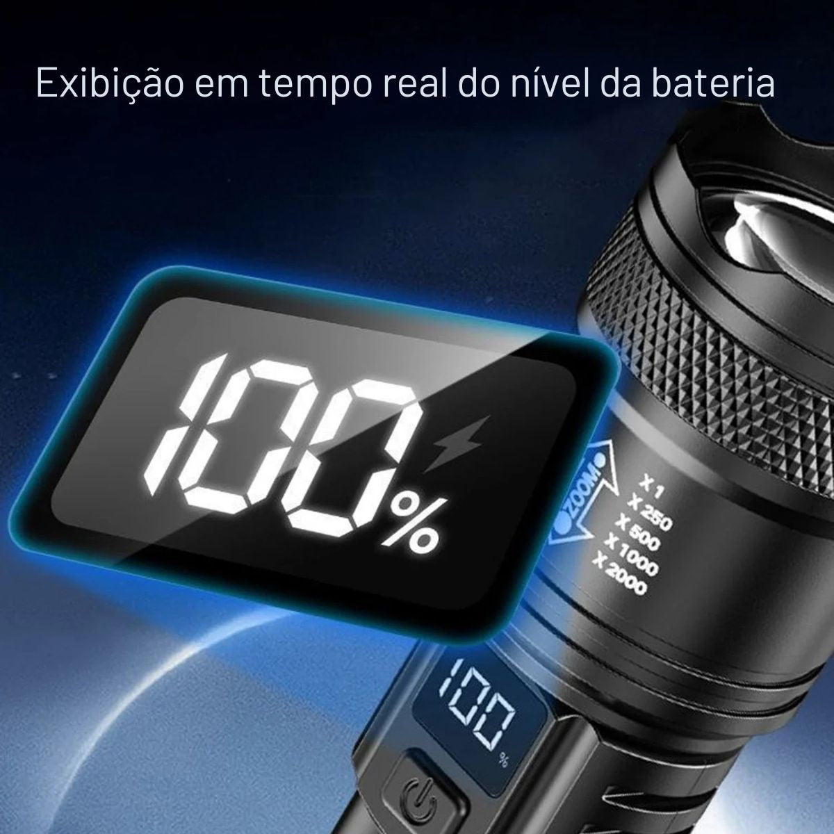 Lanterna Tática LED Recarregável USB com Zoom Ajustável, Display Digital e Alto Alcance