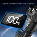 Lanterna Tática LED Recarregável USB com Zoom Ajustável, Display Digital e Alto Alcance
