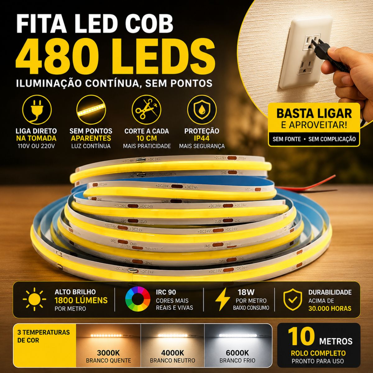 Fita Led Cob 480 Leds Ligação Direta na Rede 127 ou 220v 1800w/m 10mts