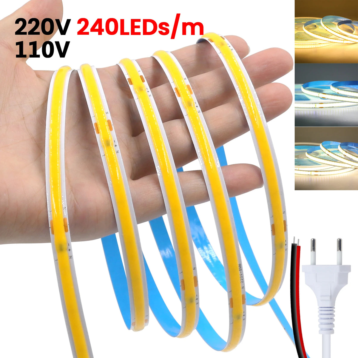 COB LED Light Strip AC 110V 220V With US EU Plug 2PIN Wire Super Bright 240LEDs/m 3000k 4000k 6000k Flexible Lamp 5m 10m 15m 20m