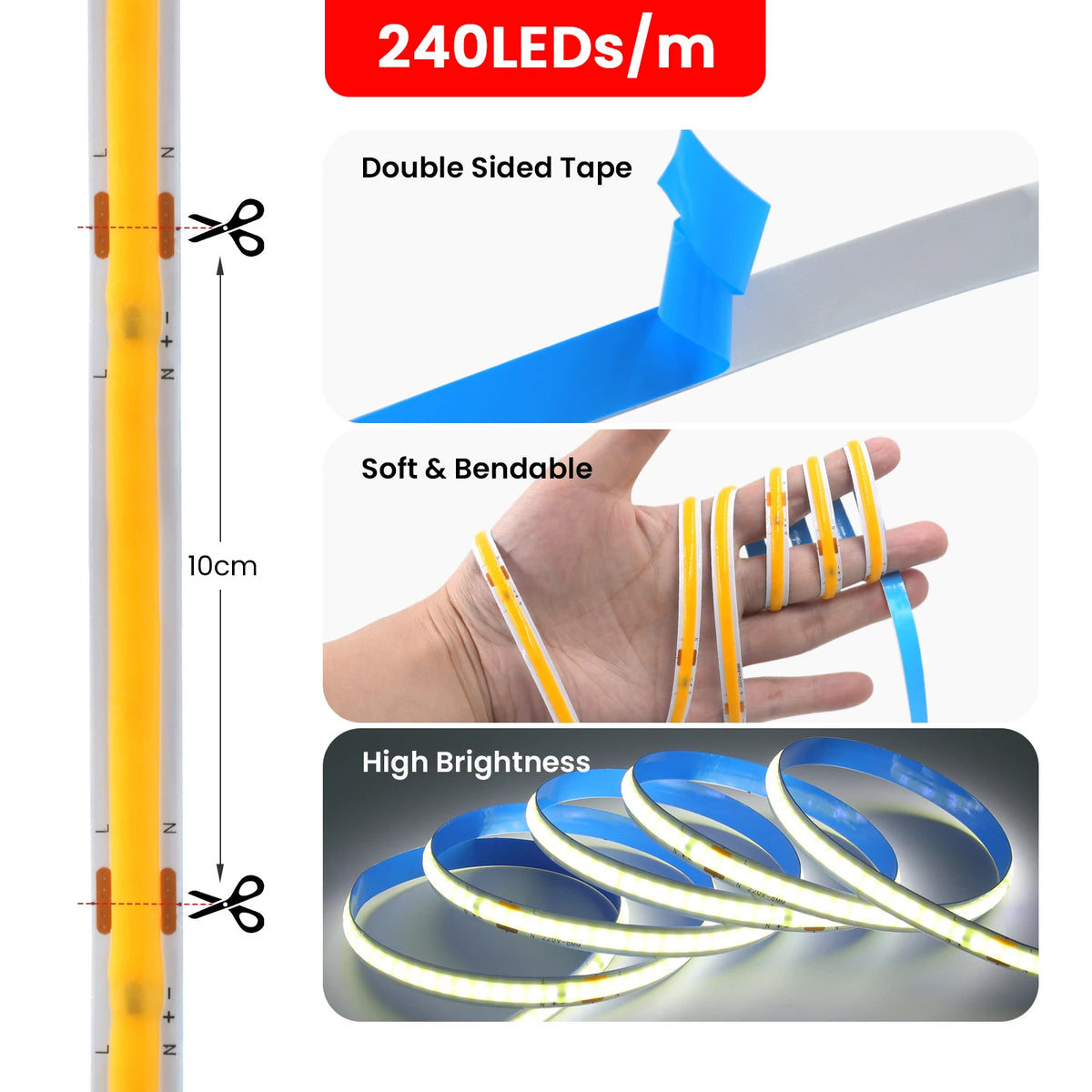 COB LED Light Strip AC 110V 220V With US EU Plug 2PIN Wire Super Bright 240LEDs/m 3000k 4000k 6000k Flexible Lamp 5m 10m 15m 20m