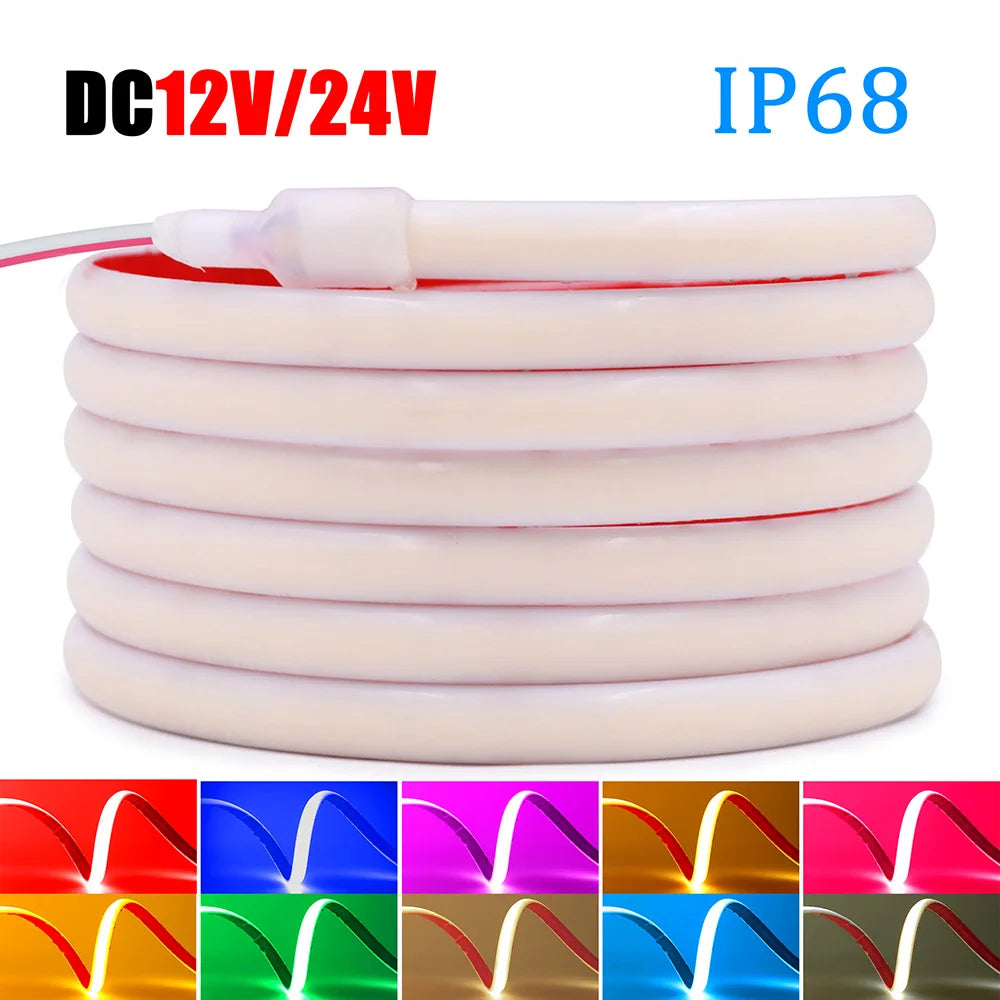 IP68 Waterproof COB LED Neon Strip Light 5m 10m 15m 20m 0.5m 12V 24V 320LED Flexible Tape Silicone Tube Lamp Liner Lighting RA90
