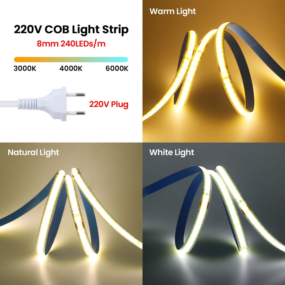 COB LED Light Strip AC 110V 220V With US EU Plug 2PIN Wire Super Bright 240LEDs/m 3000k 4000k 6000k Flexible Lamp 5m 10m 15m 20m