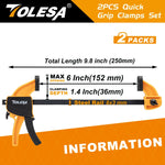 TOLESA 4"/6" Bar Clamps for Woodworking, 2PCS One-Handed Clamp / Spreader, Wood Clamp Set, Light-Duty Quick-Change F Clamp