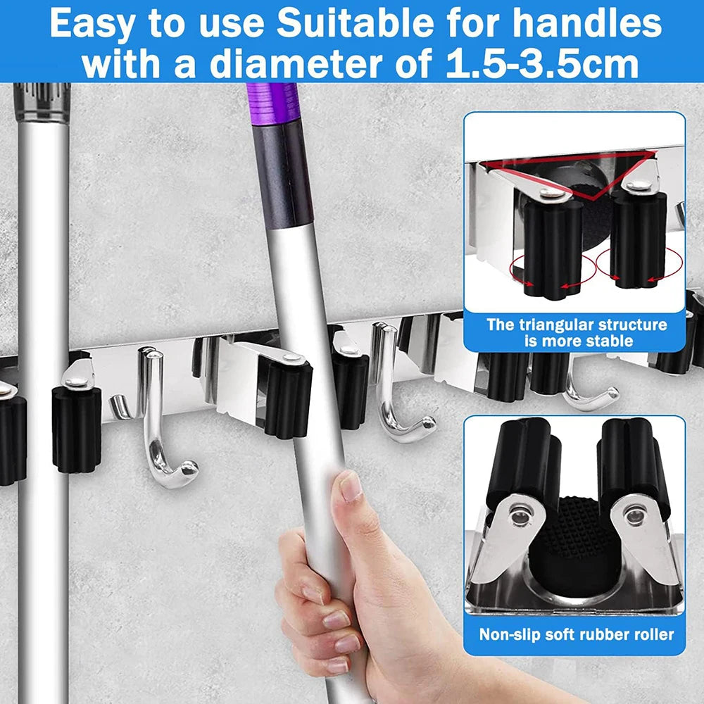 Stainless Steel Wall Mounted Mop And Broom Holder Multi-Functional Storage Rack for Kitchen Bathroom Garage Garden Tools